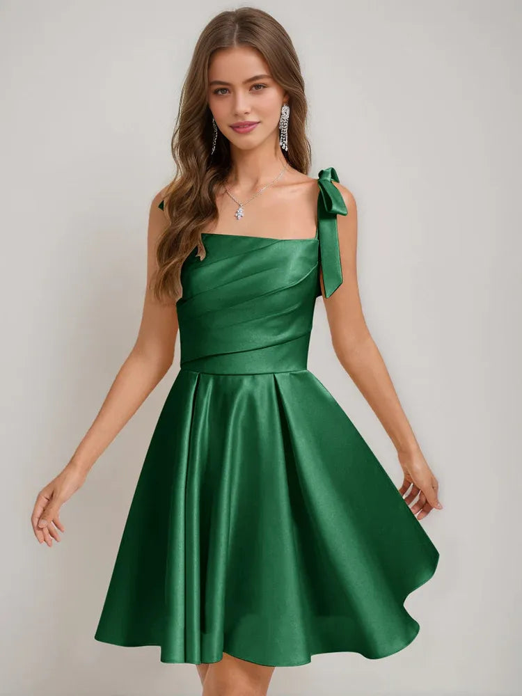Corset Bow Square Neck A-Line Short Satin Homecoming Dress for Milestone Birthday