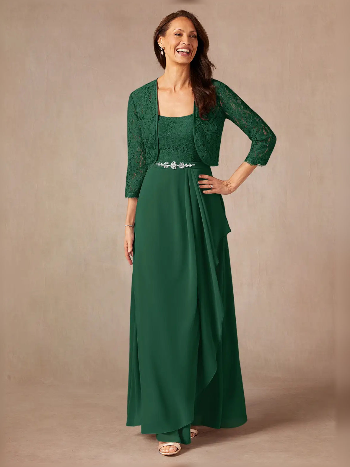 Pleated Beaded Floral Square Neck A-Line Maxi Chiffon Mother of the Bride Dress for Gala Dinner