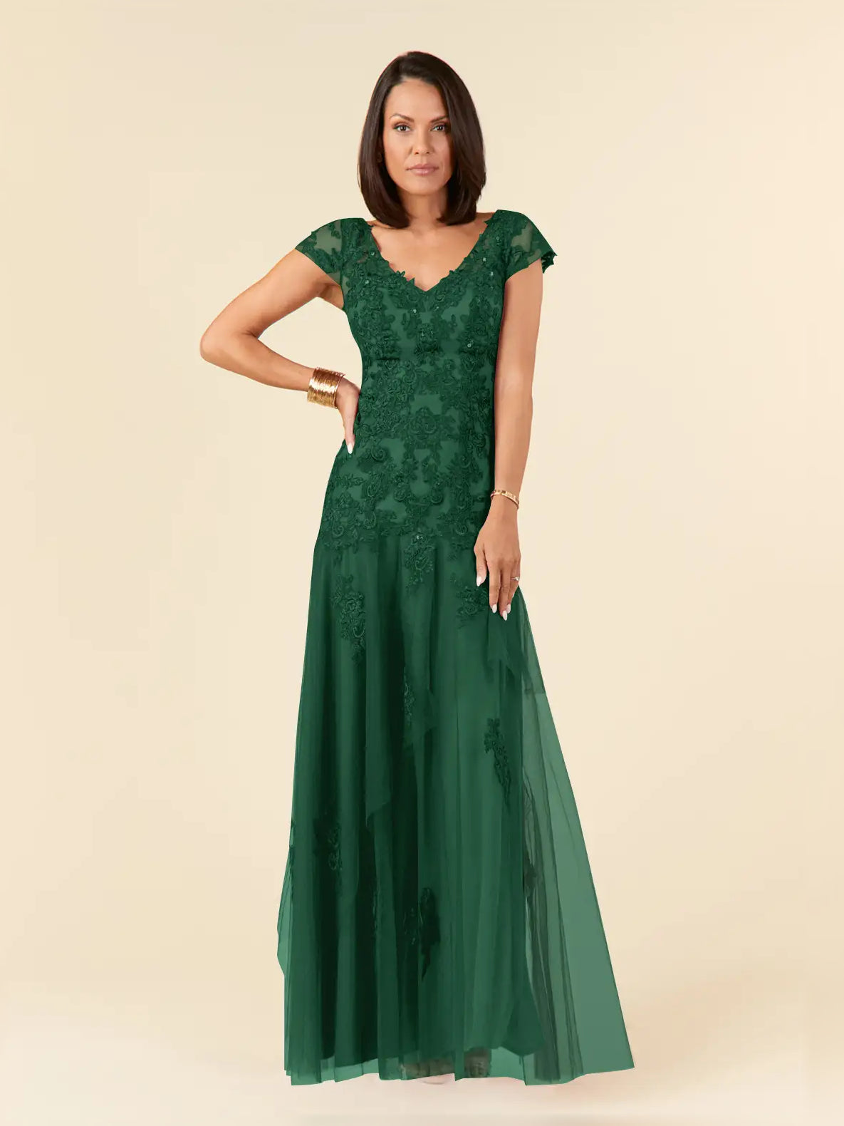 Draped Embroidered Floral V Neck A-Line Floor-Length Tulle Mother of the Bride Dress for Wedding Dinner