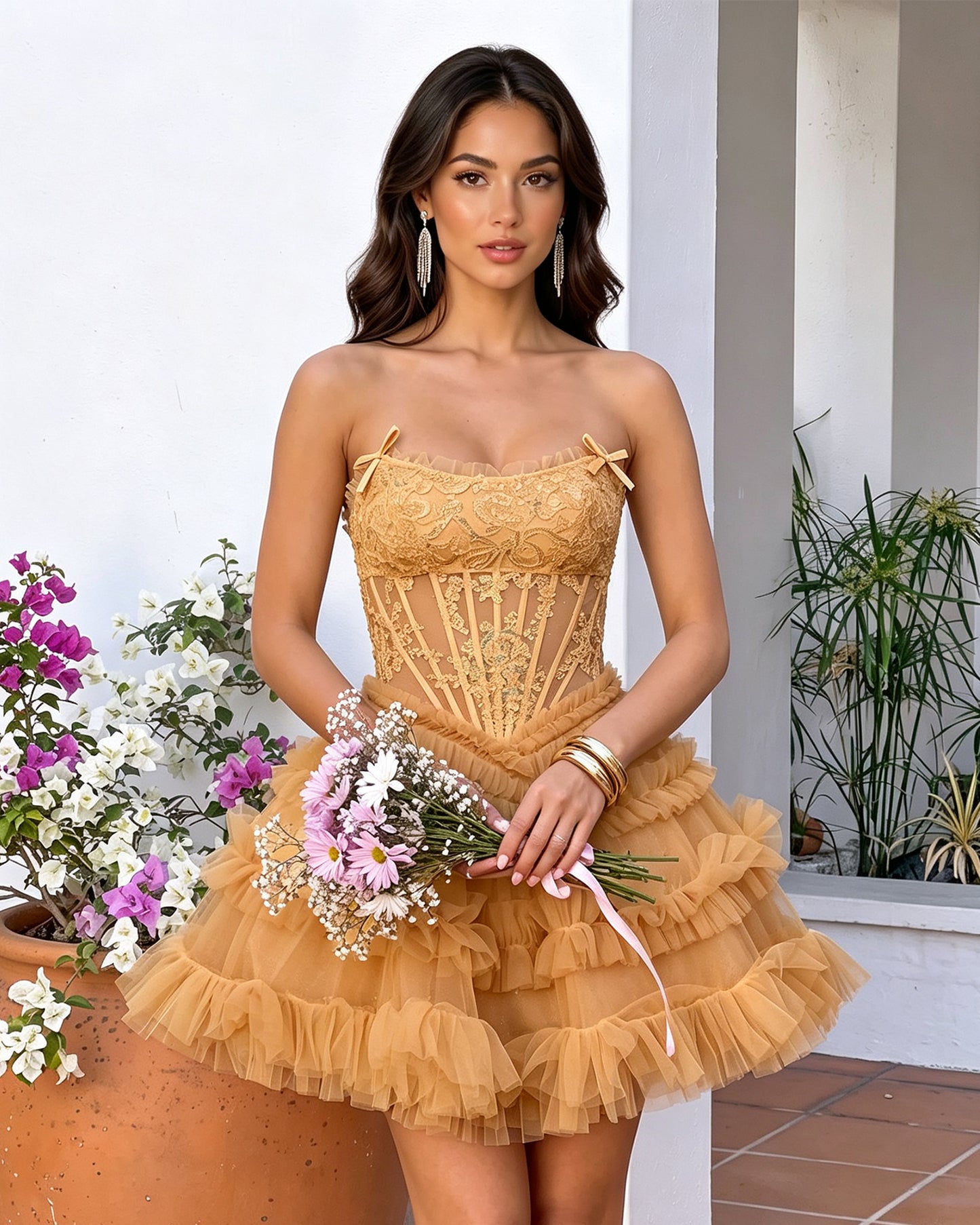 Spaghetti Strap Floral Lace Corset Tiered Tulle Mini Homecoming Dress