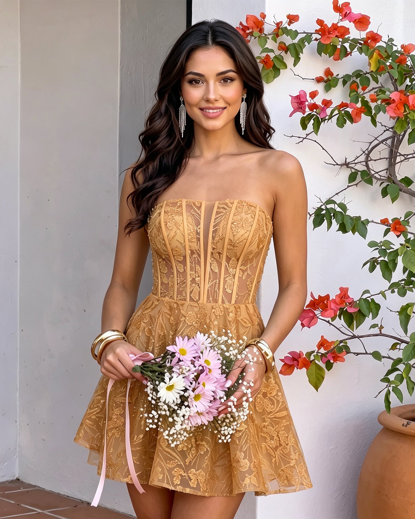 Strapless Floral Lace Corset A-Line Mini Homecoming Dress