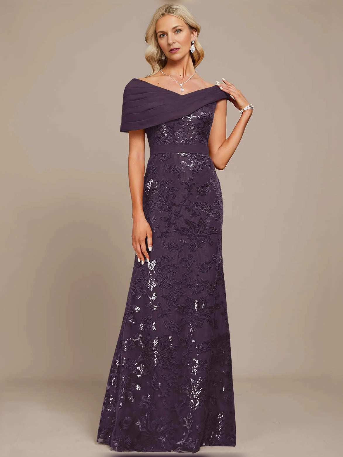 Pleated Draped Floral Off Shoulder Mermaid Maxi Mother of the Bride Dress for Wedding Weekend