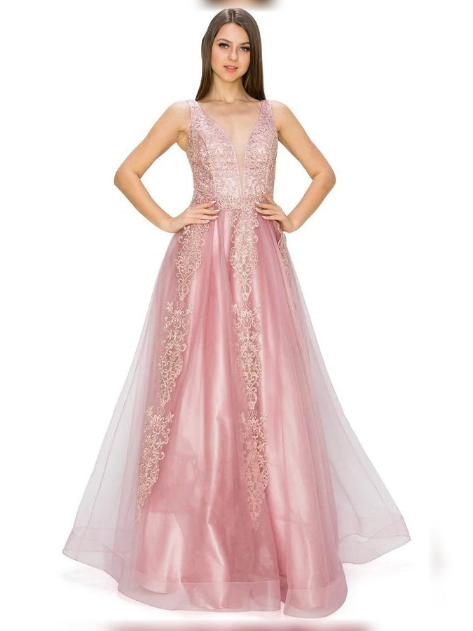 Beaded Embroidered V Neck A-Line Floor-Length Tulle Bridesmaid Dress for Destination Wedding
