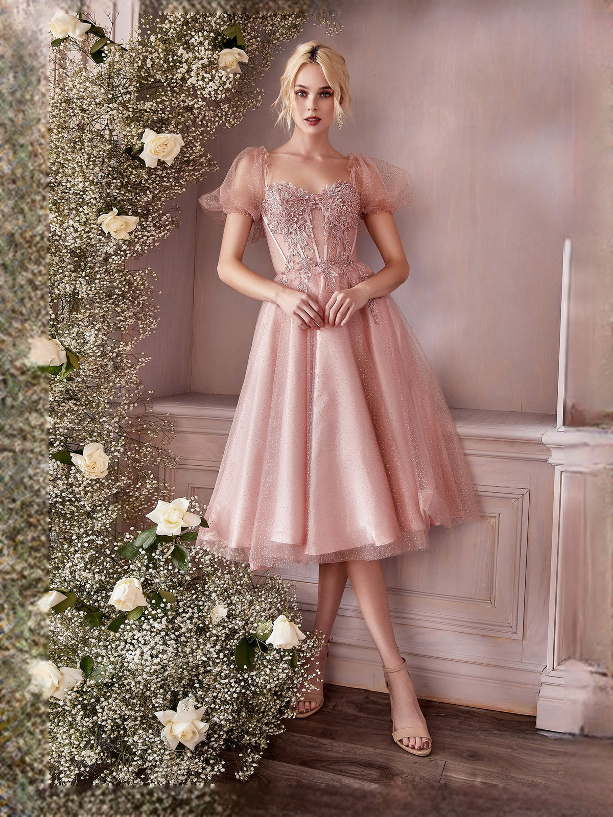 Corset Layered Square Neck A-Line Tea-Length Tulle Prom Dress for Ballroom Event