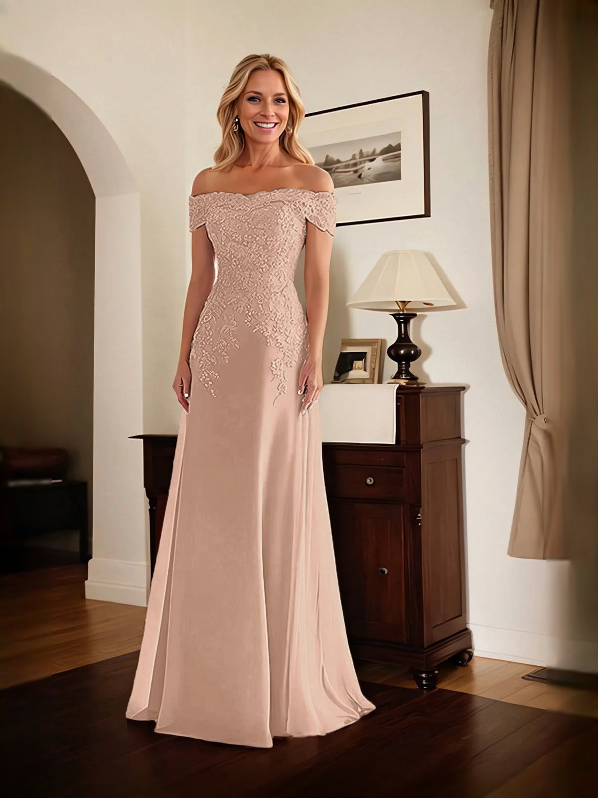 Ruffled Beaded Off Shoulder Mermaid Floor-Length Mother of the Bride Dress for Wedding Weekend
