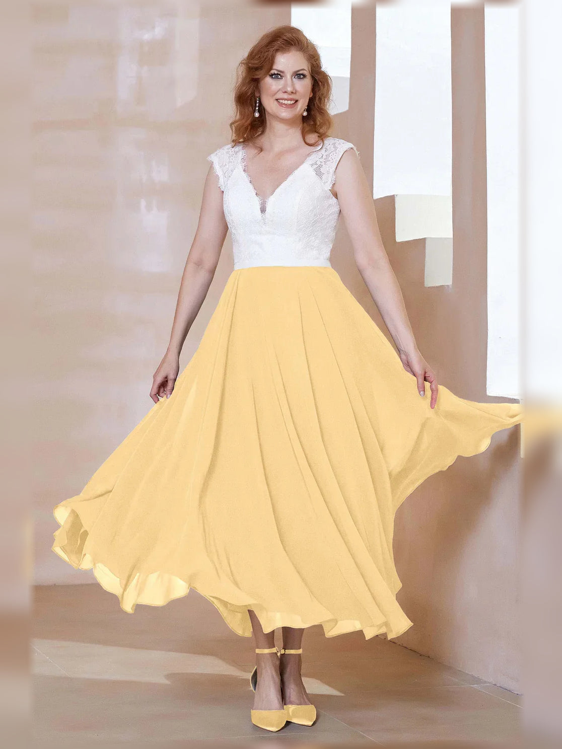 V Neck A-Line Midi Chiffon Mother of the Bride Dress for Ceremony Dinner