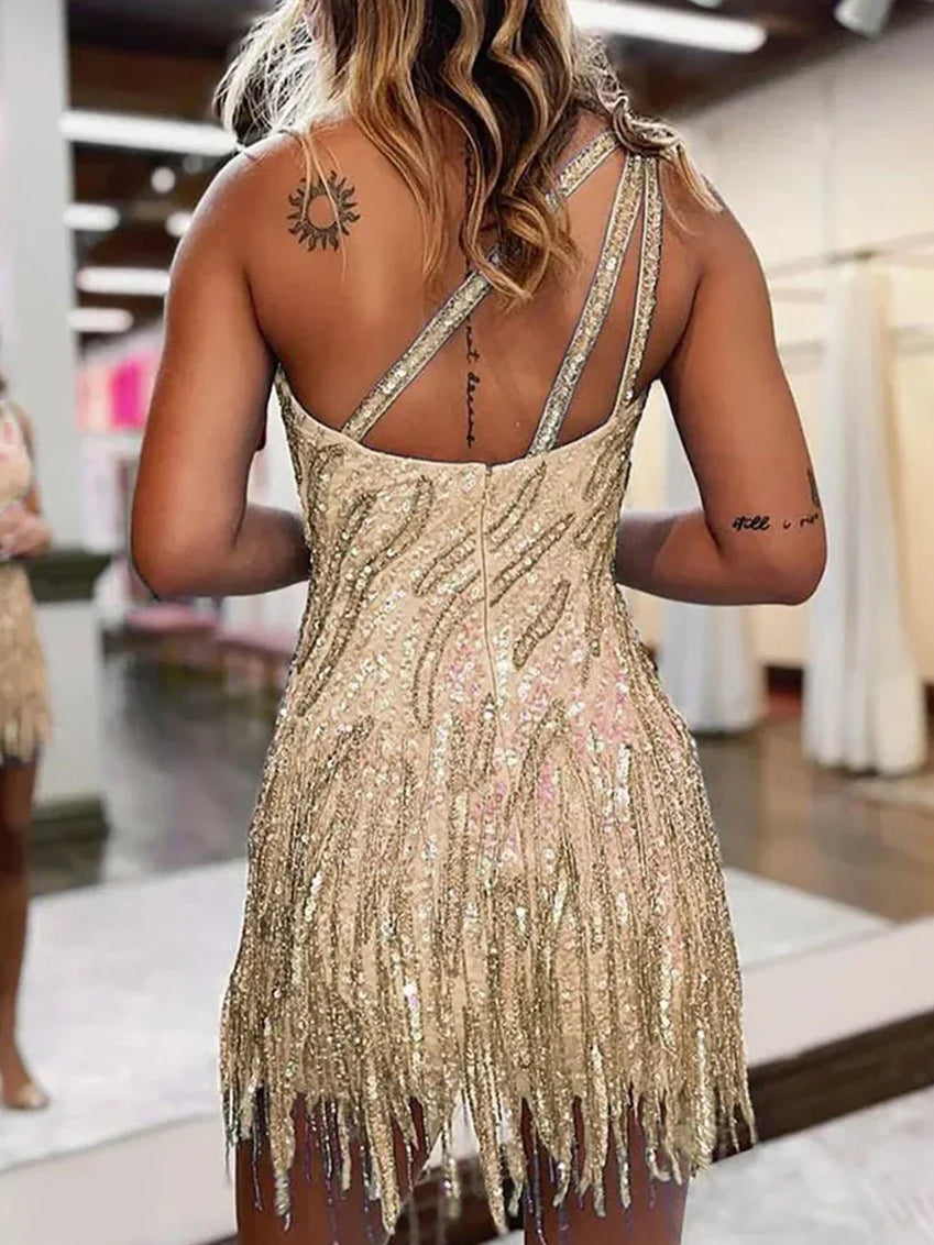 Sequin Glitter One Shoulder Bodycon Mini Homecoming Dress for Pageant