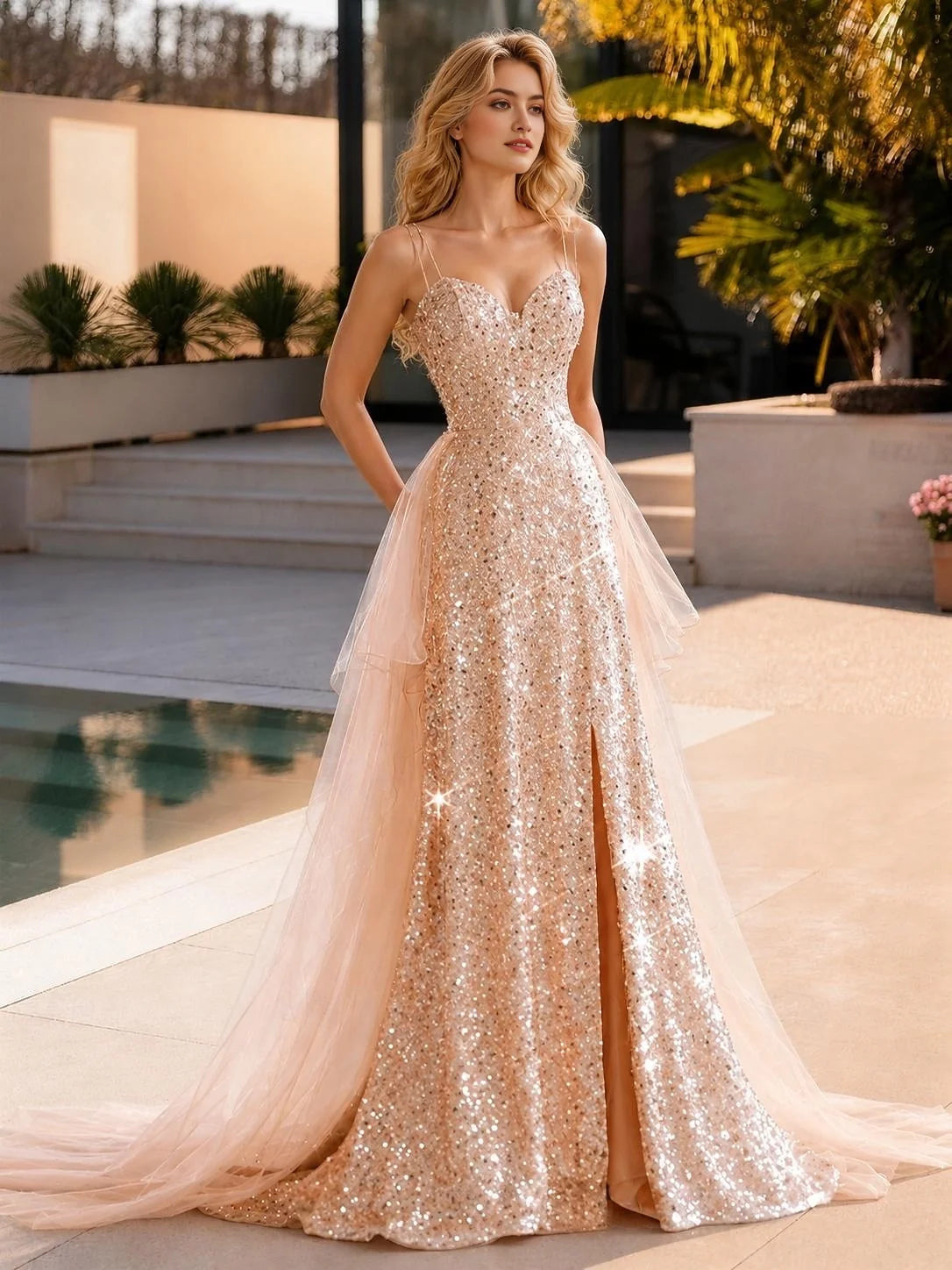 Corset Back-Slit Slit Sweetheart Mermaid Floor-Length Tulle Prom Dress for Hotel Gala