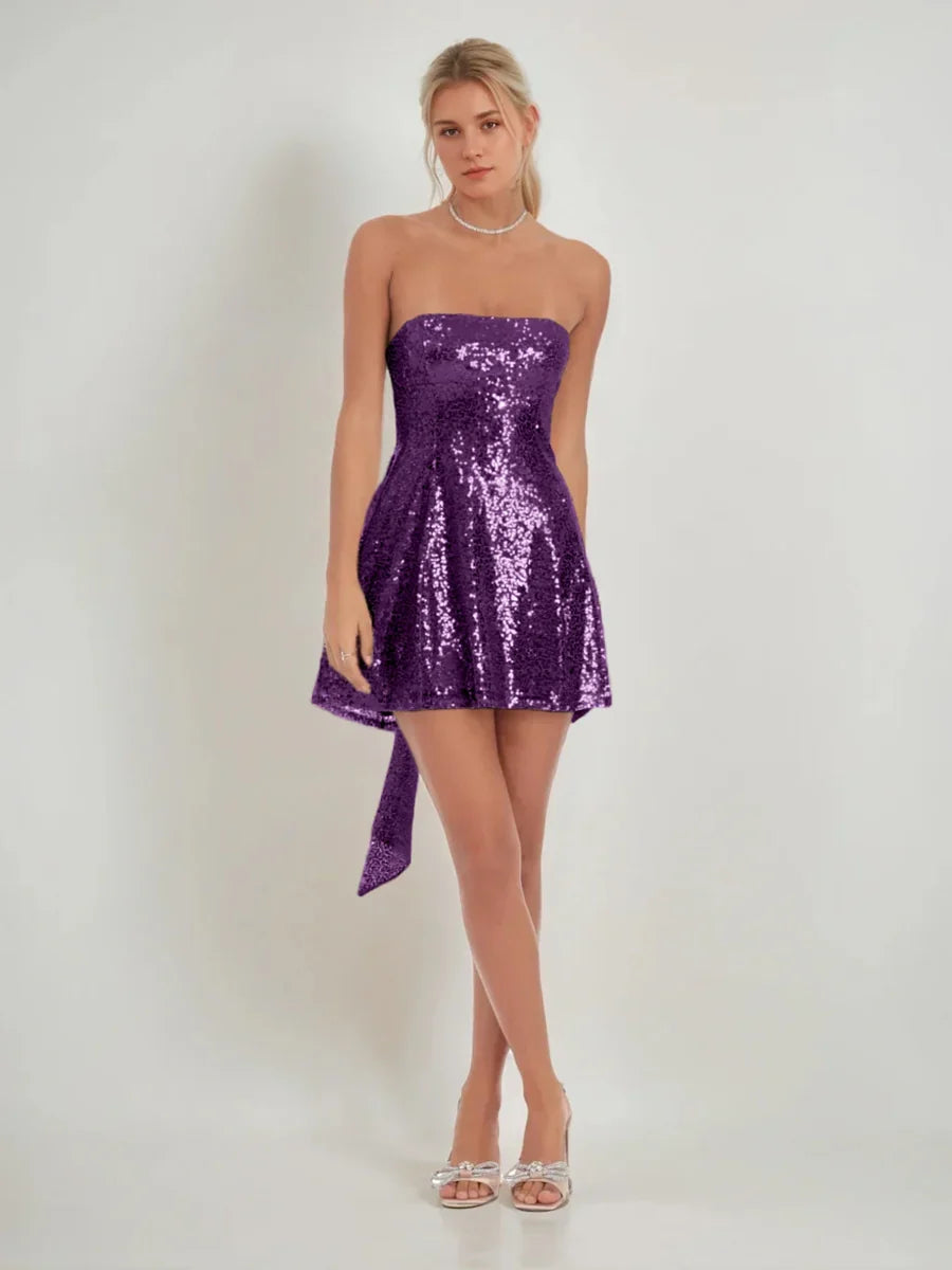 Bow Sequin Strapless A-Line Mini Homecoming Dress for Prom Night