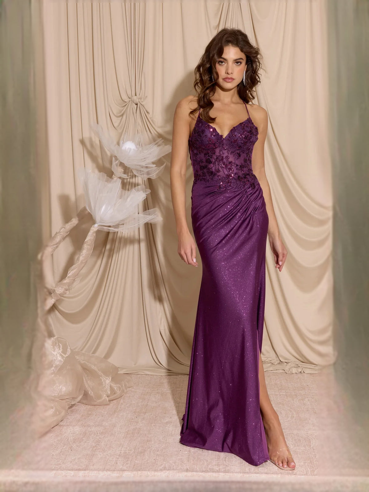 Floral Print Sweetheart Spaghetti Strap Floor-Length Shimmering Formal Dress