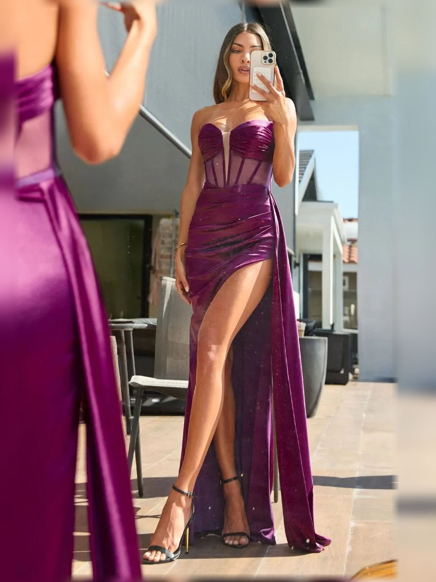 Strapless Corset Slit Floor-Length Sultry Formal Dress