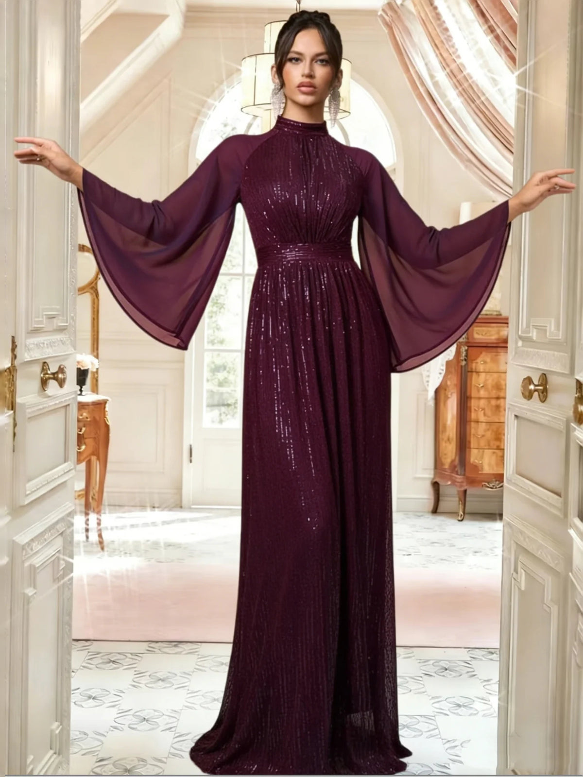 Sequin High Neck A-Line Floor-Length Chiffon Prom Dress for Formal Reception