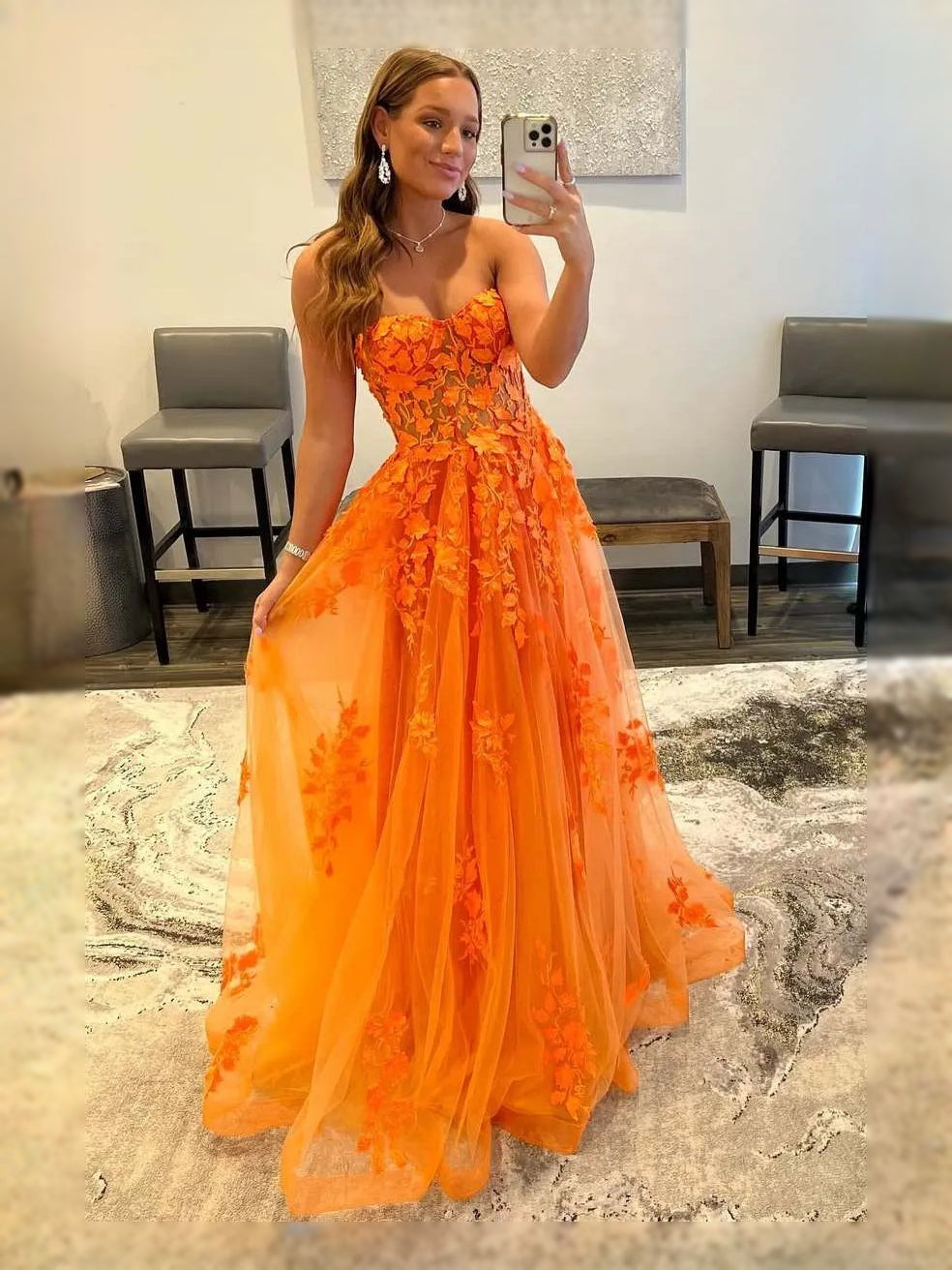 Orange Draped Floral Backless Sweetheart A-Line Maxi Tulle Prom Dress for Senior Prom