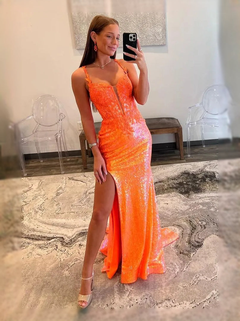 Orange Sequin Slit V Neck Mermaid Floor-Length Tulle Prom Dress for Evening Banquet