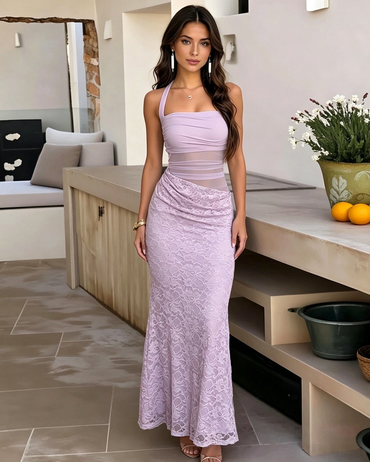 Square Neck Two Piece Lace Mermaid Formal Dress with Tie Straps