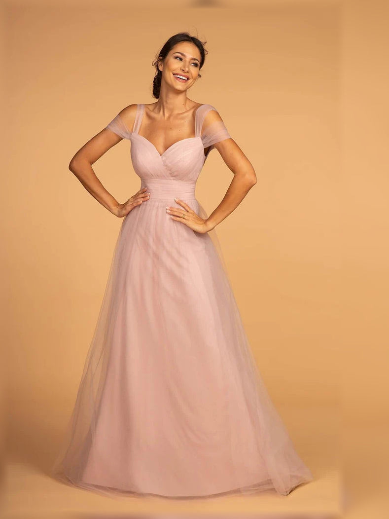 Pleated Off Shoulder A-Line Floor-Length Tulle Bridesmaid Dress for Formal Wedding