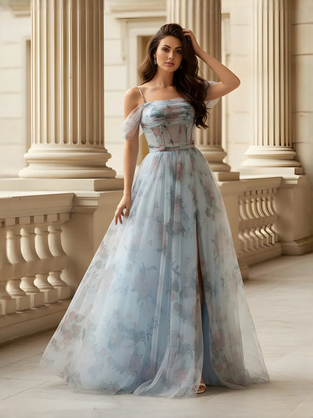 As Picture Draped Corset Floral Slit Off Shoulder A-Line Maxi Tulle Prom Dress for Formal Party