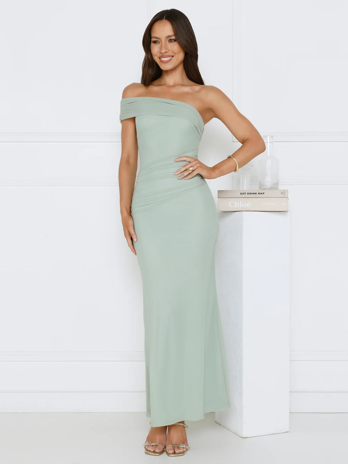 Sage One-Shoulder Sheath Maxi Formal Dress