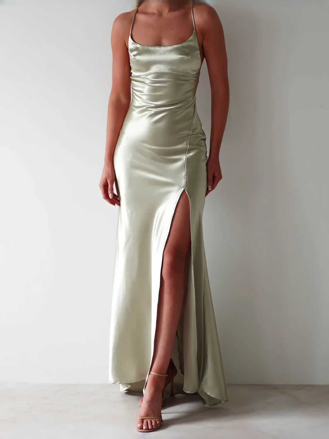 Draped Side-Slit Slit Cowl Neck Sheath Maxi Satin Prom Dress for Evening Banquet