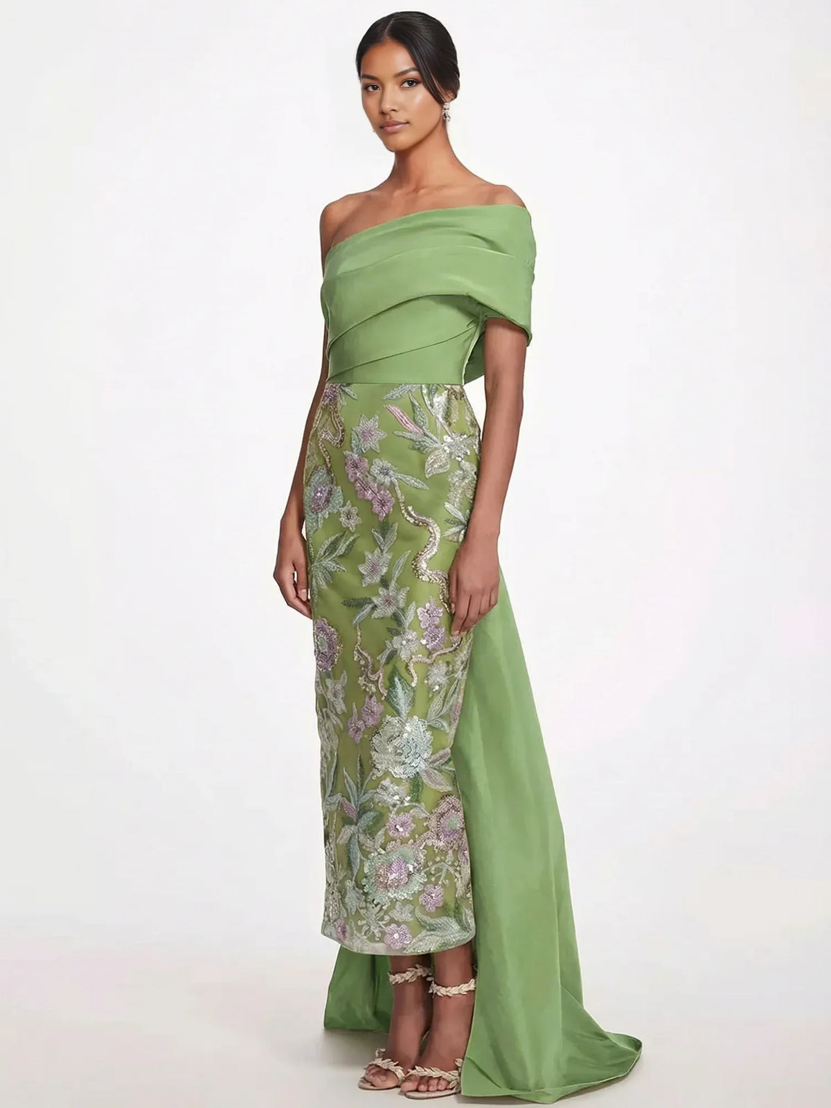 Floral Print One-Shoulder Sequin Floor-Length Formal Dress