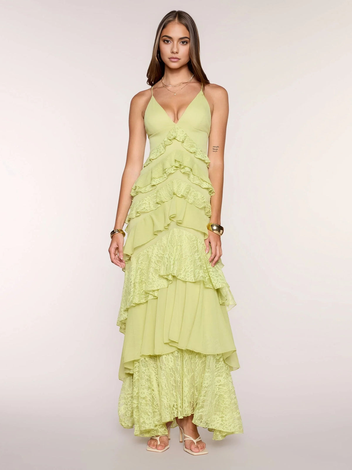 Tiered Ruffled Floral V Neck A-Line Maxi Chiffon Prom Dress for Hotel Gala