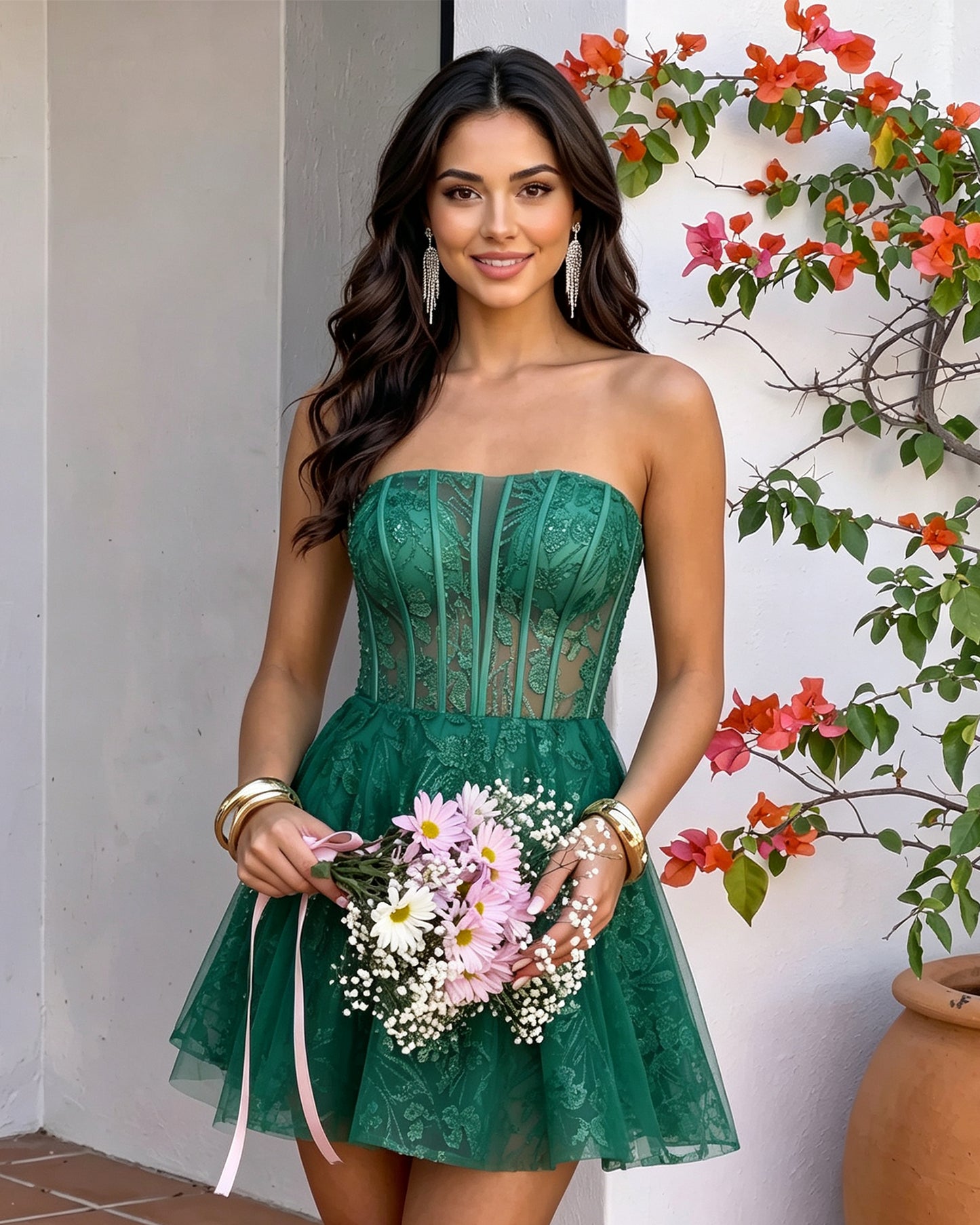Strapless Floral Lace Corset A-Line Mini Homecoming Dress