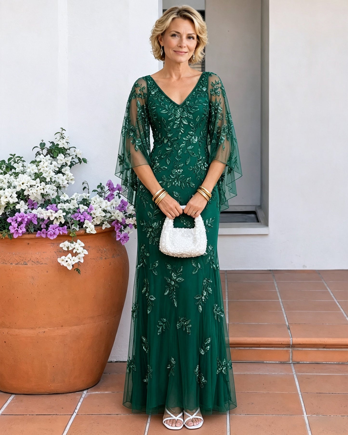 V-Neck Floral Sequin Mother of the Bride Dress with Cape Sleeves