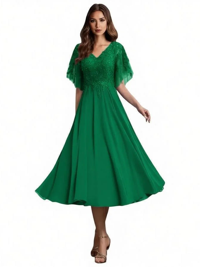 V Neck Beading A-Line Tea-Length Formal Dress
