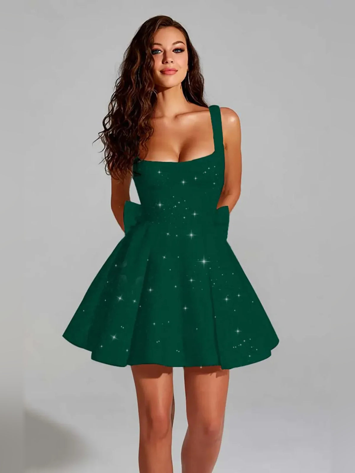 Bow Sequin Square Neck A-Line Mini Homecoming Dress for Graduation Party