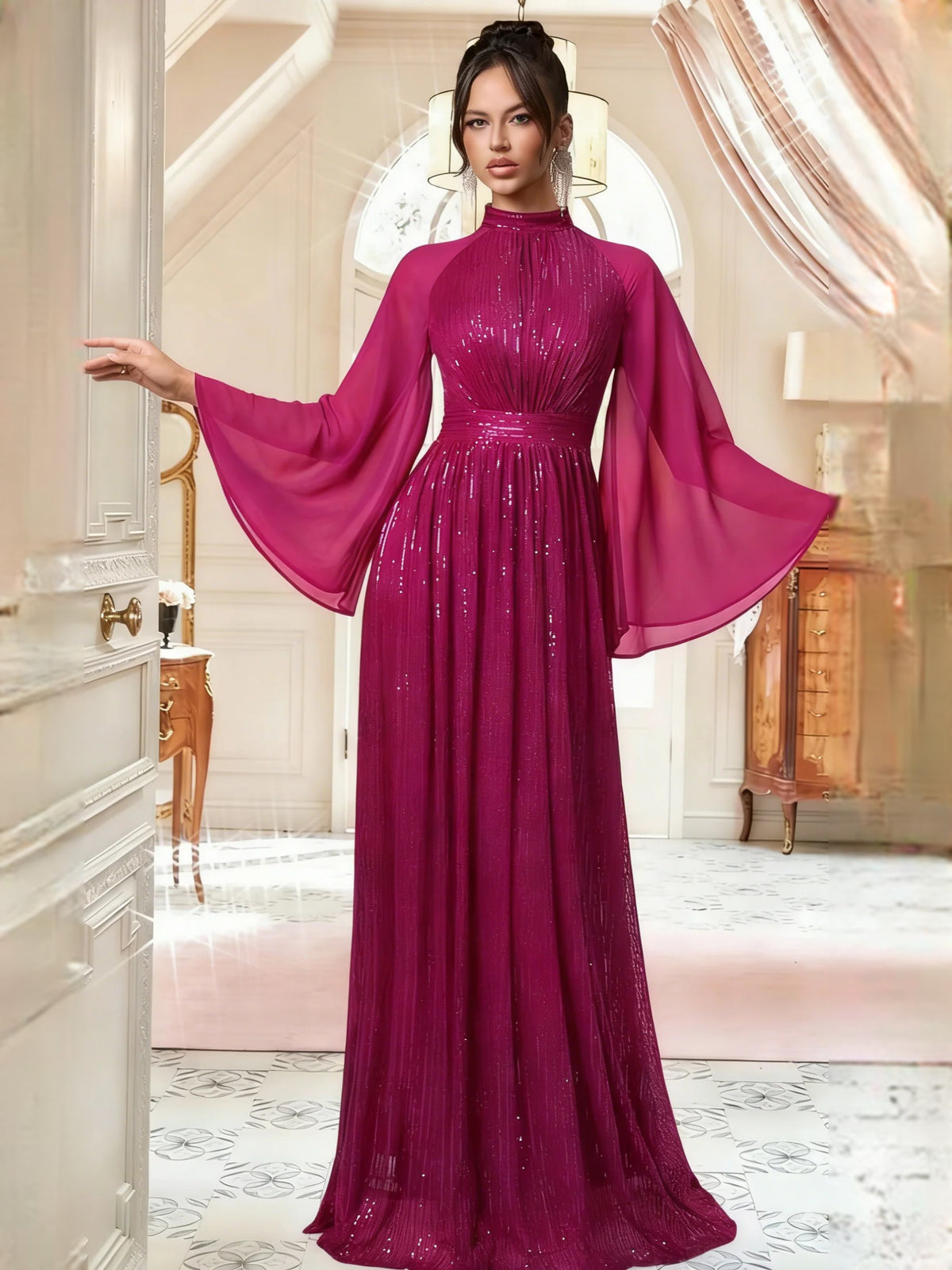 Sequin High Neck A-Line Floor-Length Chiffon Prom Dress for Formal Reception