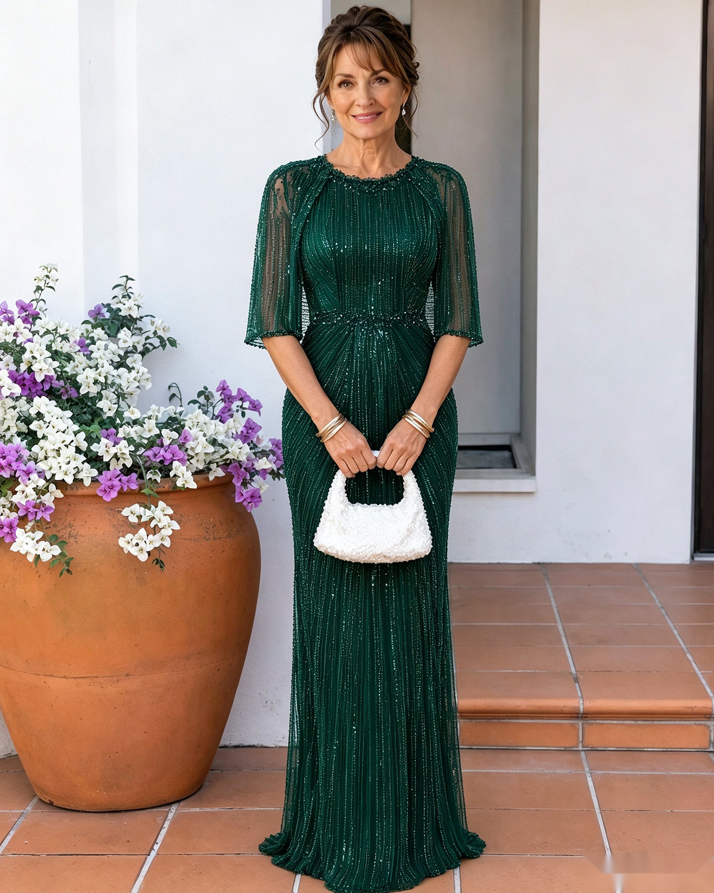 Beaded Stripe Mother of the Bride Dress with Sheer Cape Sleeves