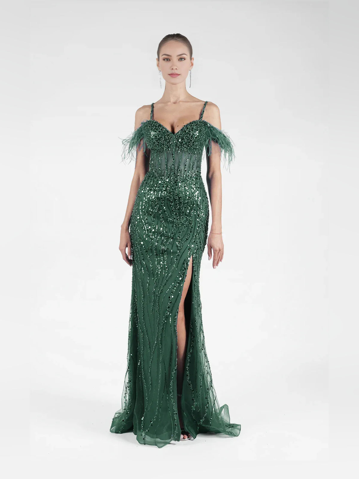 Corset Front-Slit Slit Off Shoulder Mermaid Floor-Length Tulle Prom Dress for Charity Ball