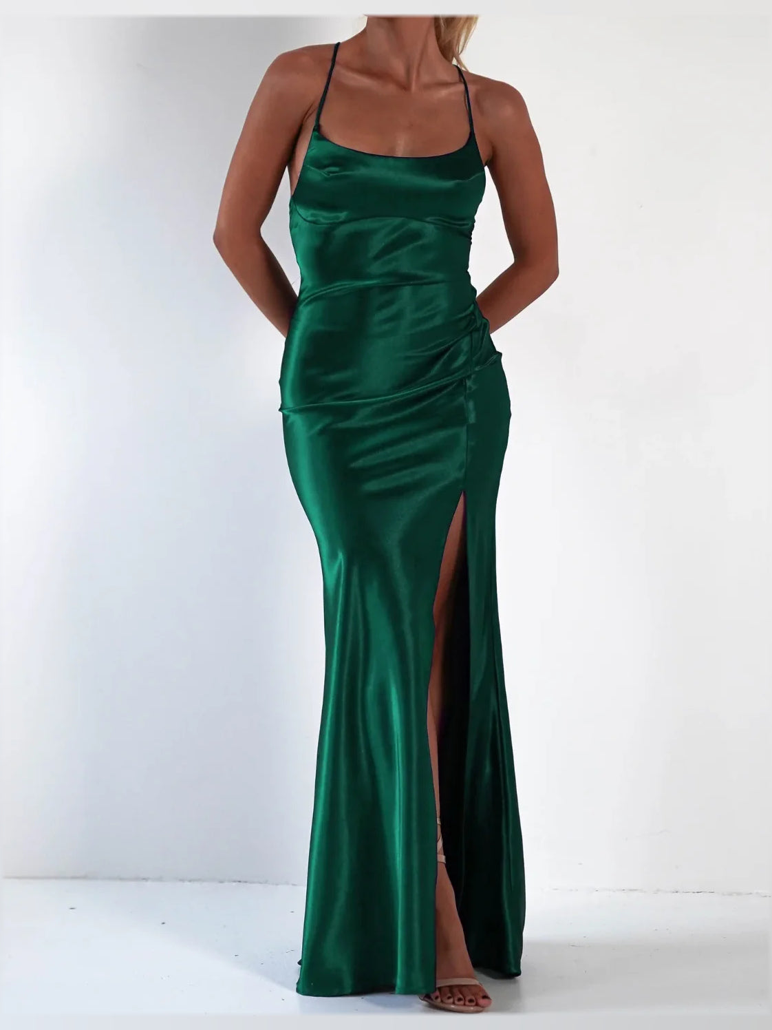Draped Side-Slit Slit Cowl Neck Sheath Maxi Satin Prom Dress for Evening Banquet