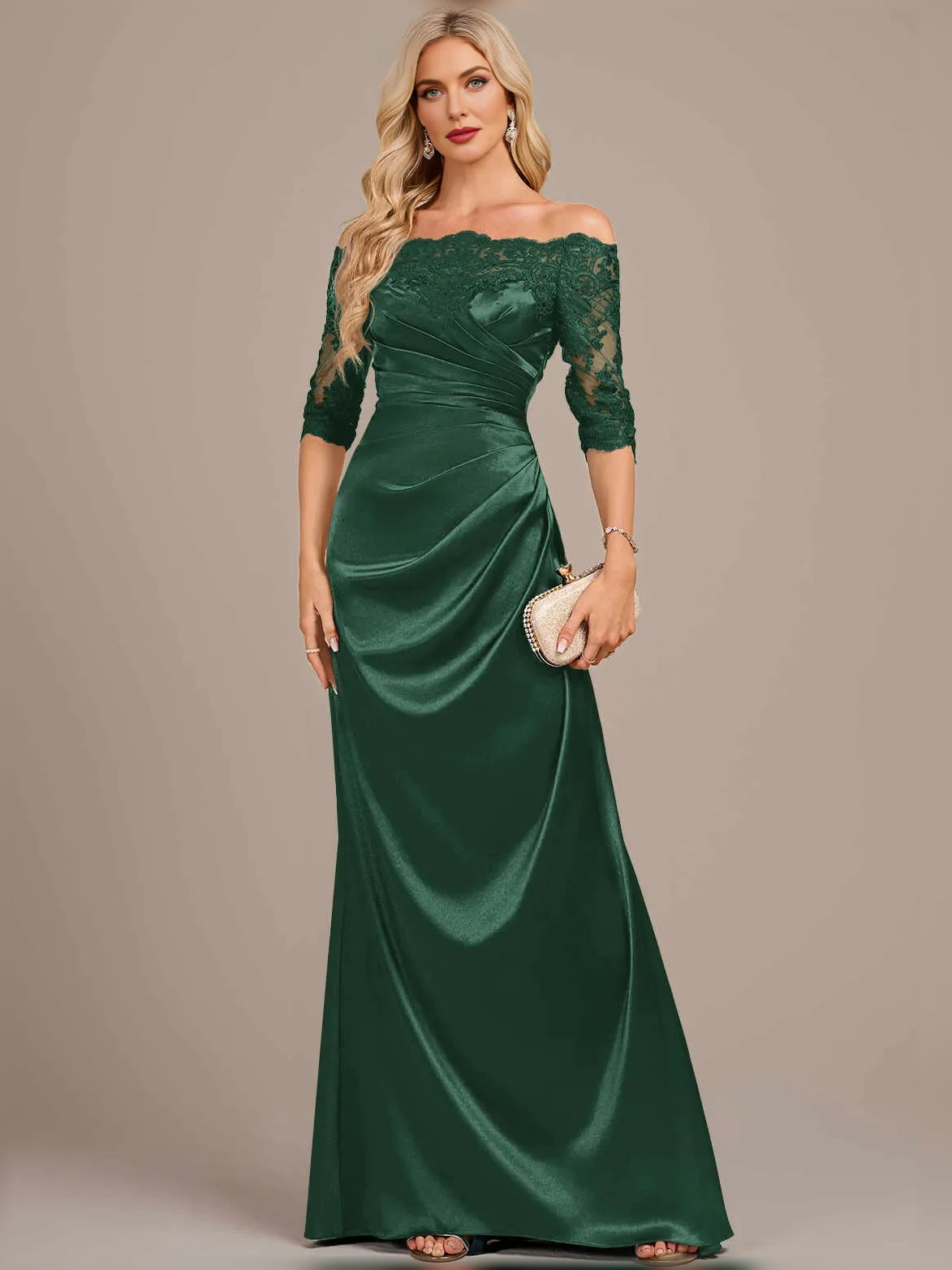 Ruched Draped Off Shoulder Mermaid Floor-Length Satin Mother of the Bride Dress for Evening Wedding