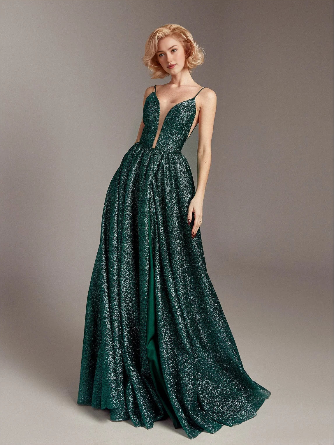 Sequin Glitter V Neck A-Line Floor-Length Prom Dress for Evening Event