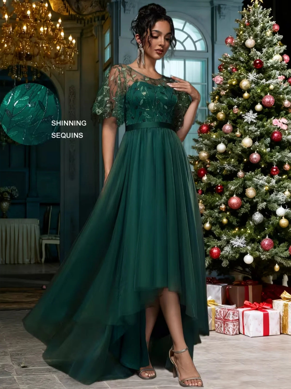 Ruffled Embroidered Short-Sleeve A-Line Maxi Prom Dress for Pageant