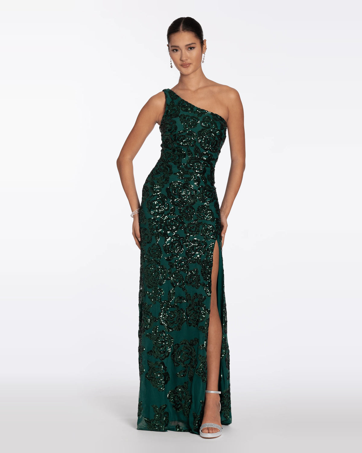 Side-Slit Sequin Asymmetrical Neck Column Maxi Prom Dress for Charity Ball