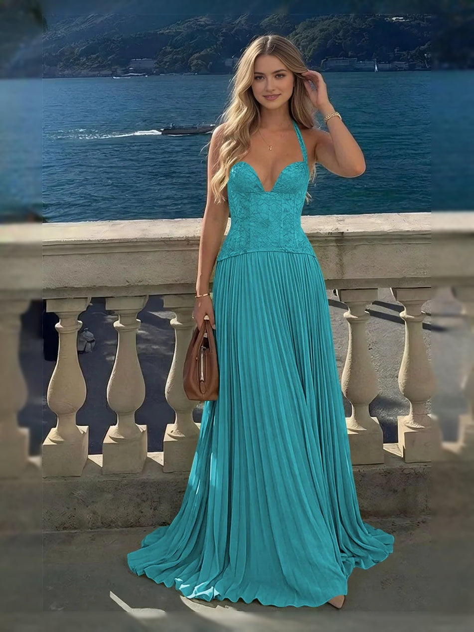 Pleated Corset Floral Sweetheart A-Line Maxi Chiffon Bridesmaid Dress for Destination Wedding