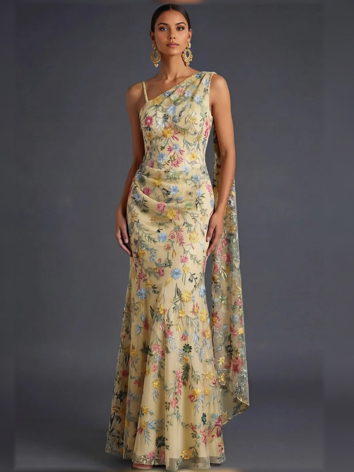 Floral Print One-Shoulder Open Back Floor-Length Formal Dress
