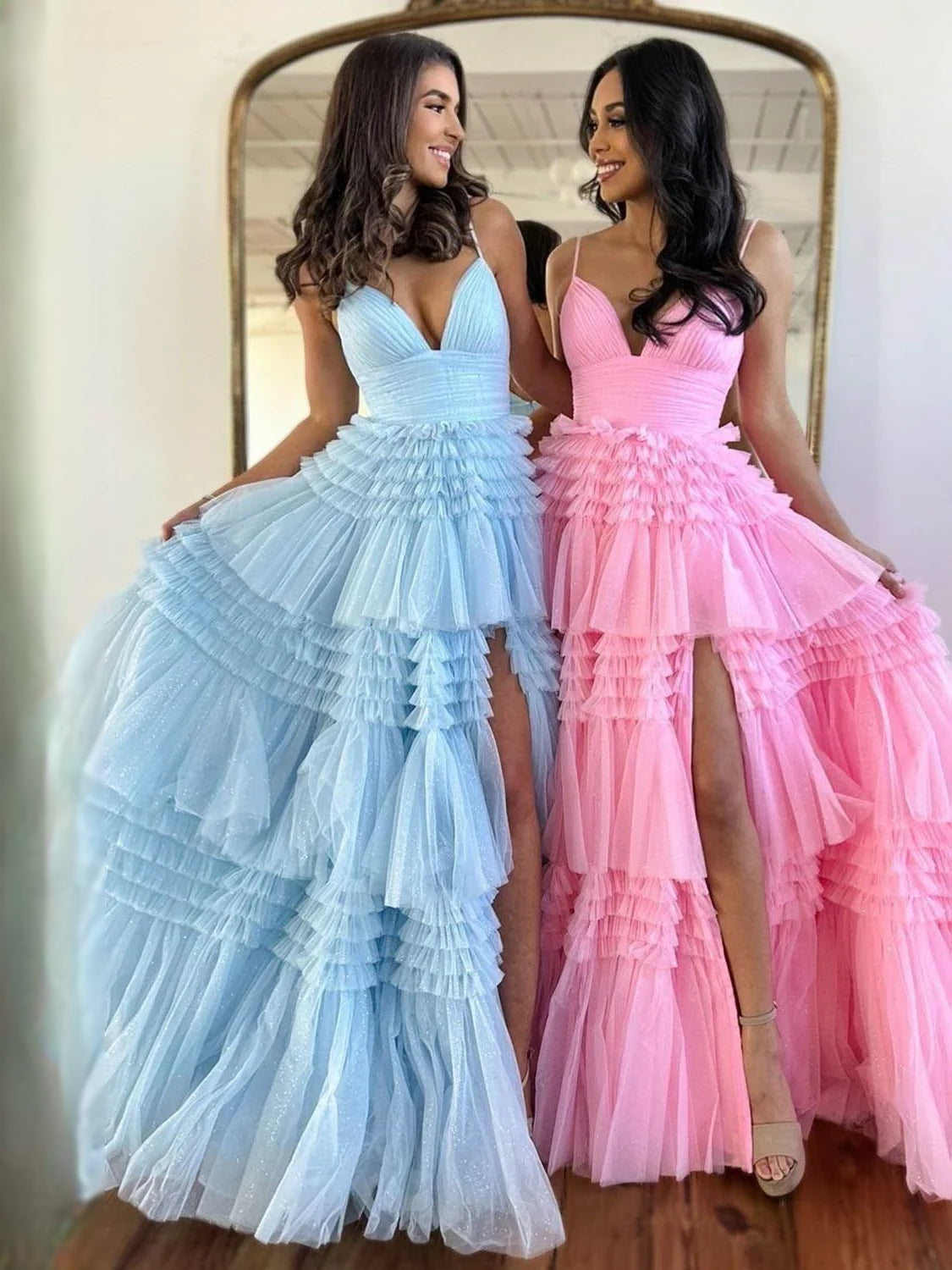 Ruched Tiered Ruffled Slit V Neck A-Line Maxi Tulle Prom Dress for Charity Ball