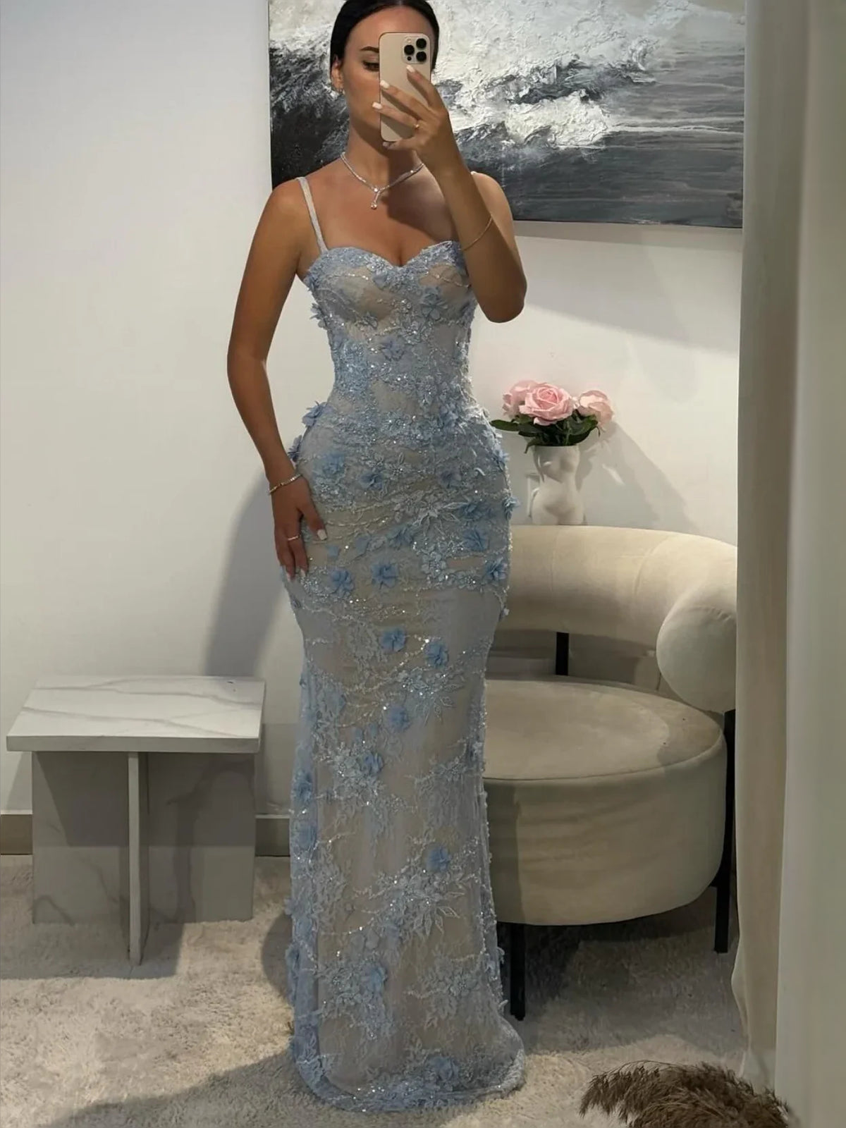 Sky Blue Corset Sweetheart Mermaid Floor-Length Prom Dress for Black Tie Event