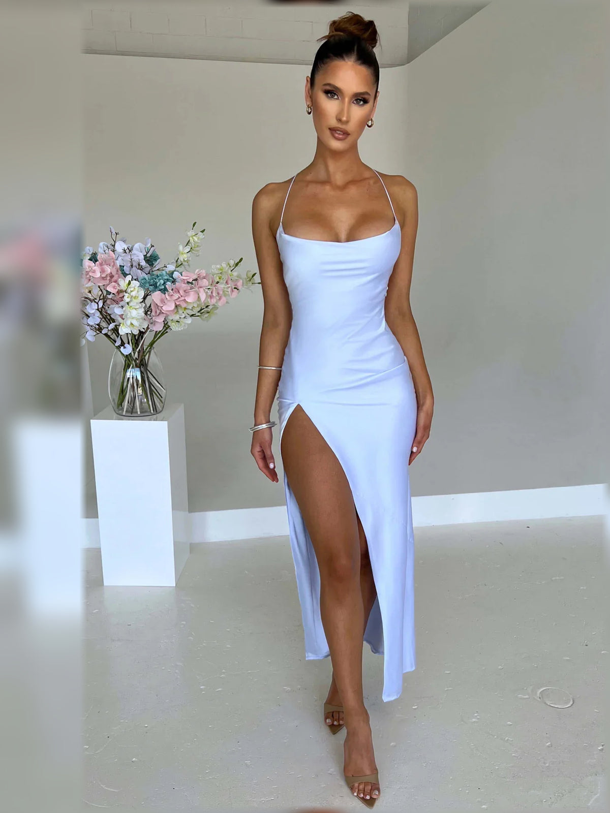 Square Neck Slit Open Back Floor-Length Sleek Formal Dress