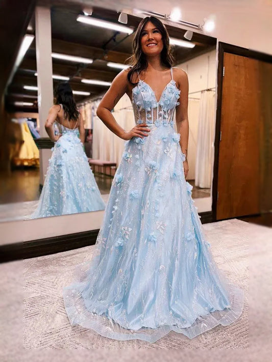 Sky Blue Draped Corset Floral Backless V Neck A-Line Maxi Tulle Prom Dress for Special Occasion