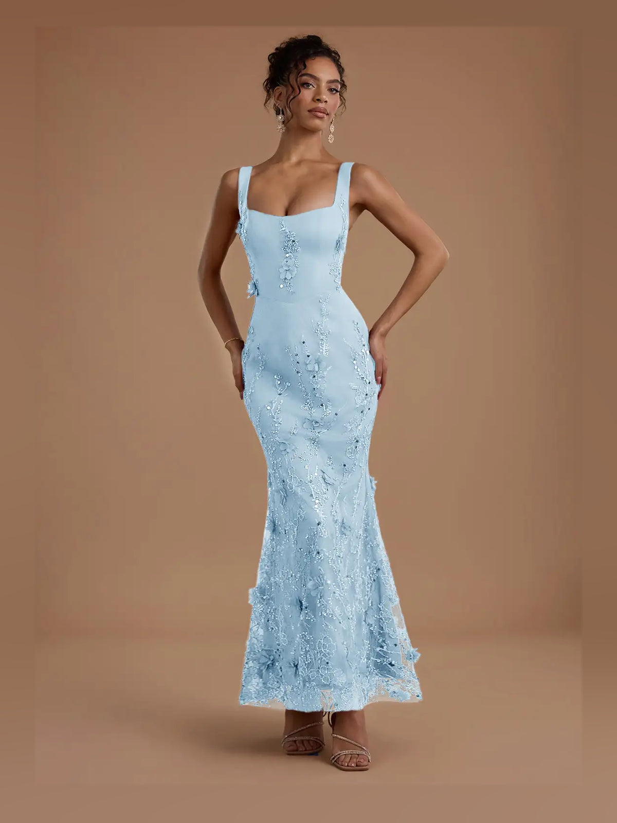 Corset Layered Floral Square Neck Mermaid Floor-Length Tulle Prom Dress for Pageant