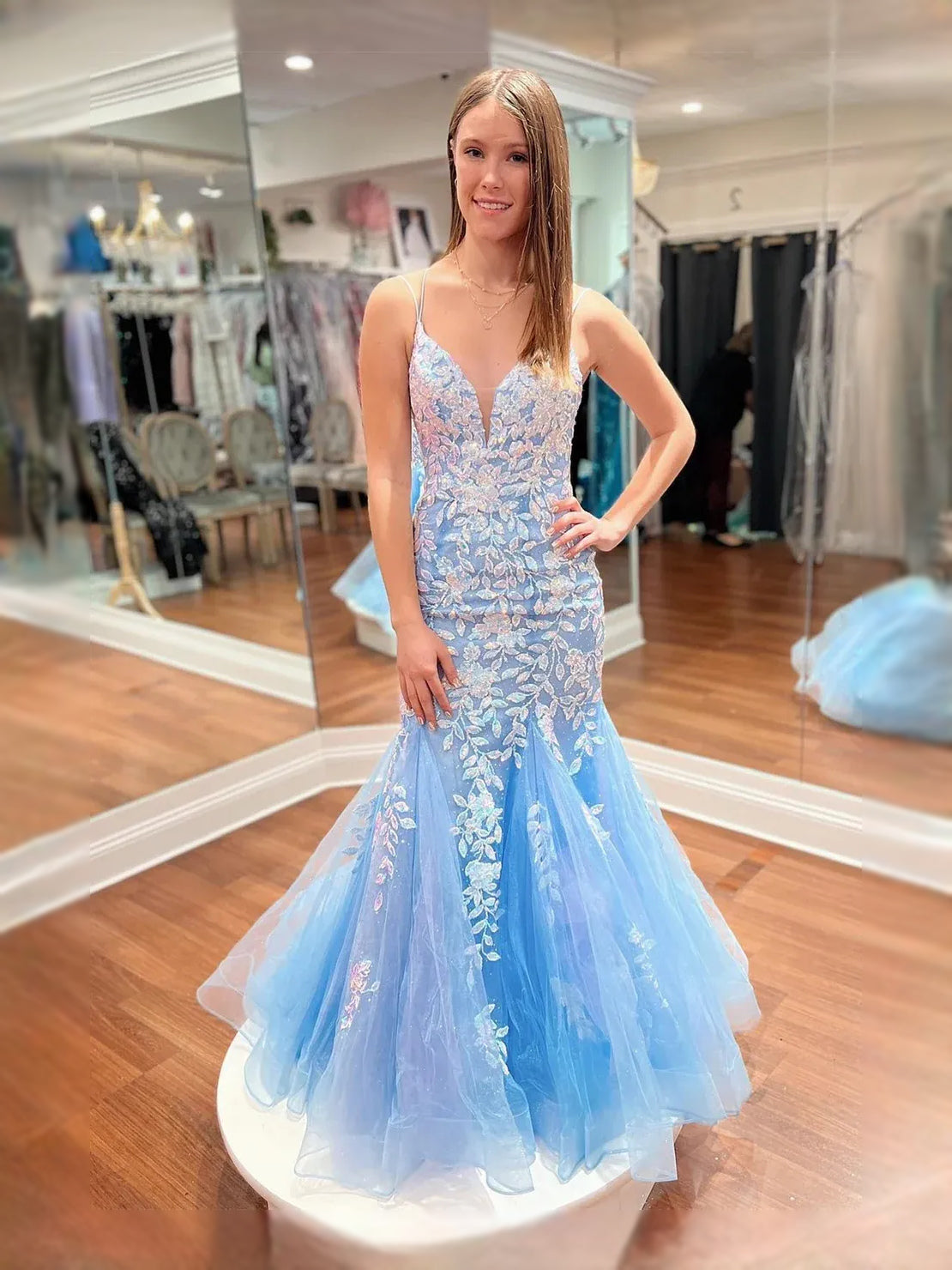 Sky Blue Draped Corset Floral Ruffled Backless V Neck Mermaid Maxi Tulle Prom Dress for Special Occasion
