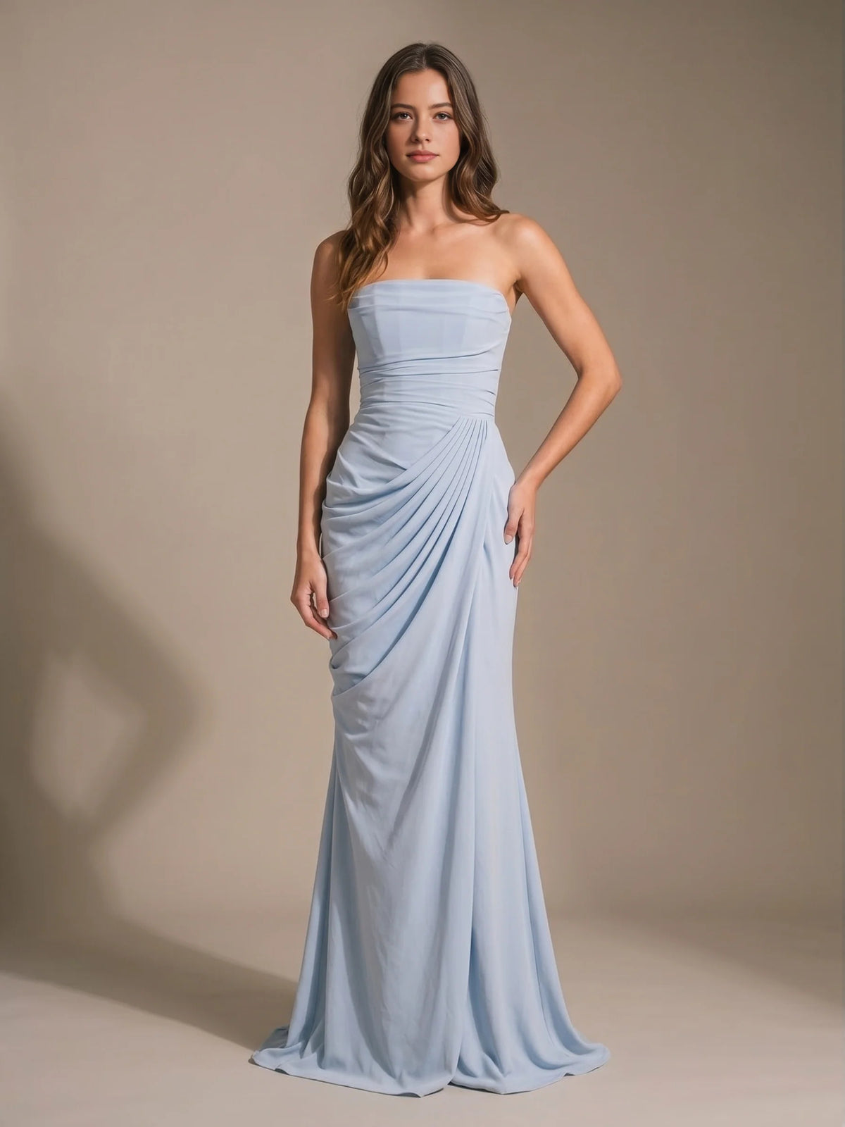 Ruched Draped Slit Strapless Mermaid Maxi Chiffon Bridesmaid Dress for Garden Wedding