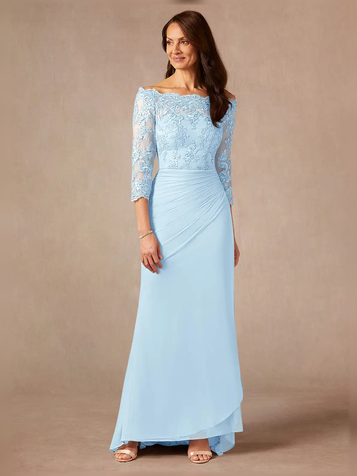 Ruched Off Shoulder Sheath Maxi Chiffon Mother of the Bride Dress for Wedding Reception