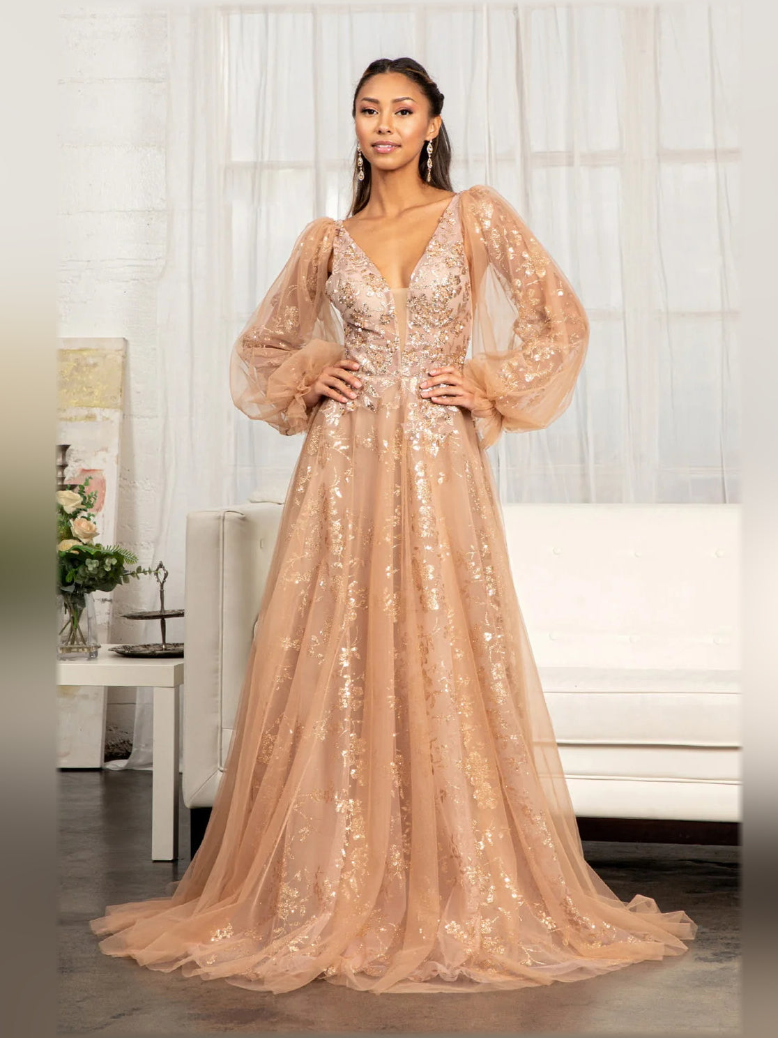 Floral Print V Neck A-Line Floor-Length Luxury Formal Dress