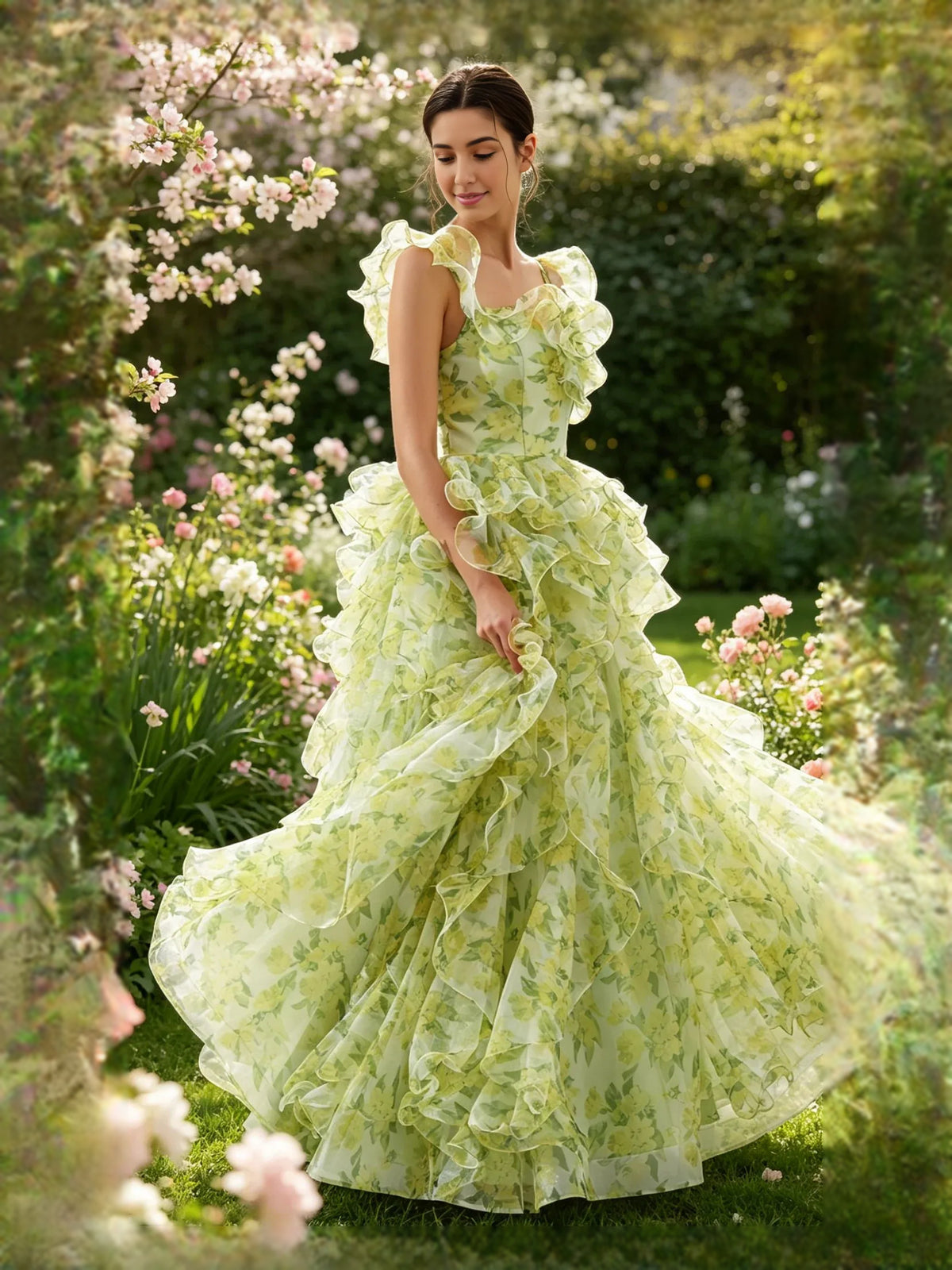Sage Green Tiered Ruffled Floral Square Neck A-Line Floor-Length Tulle Prom Dress for Senior Prom