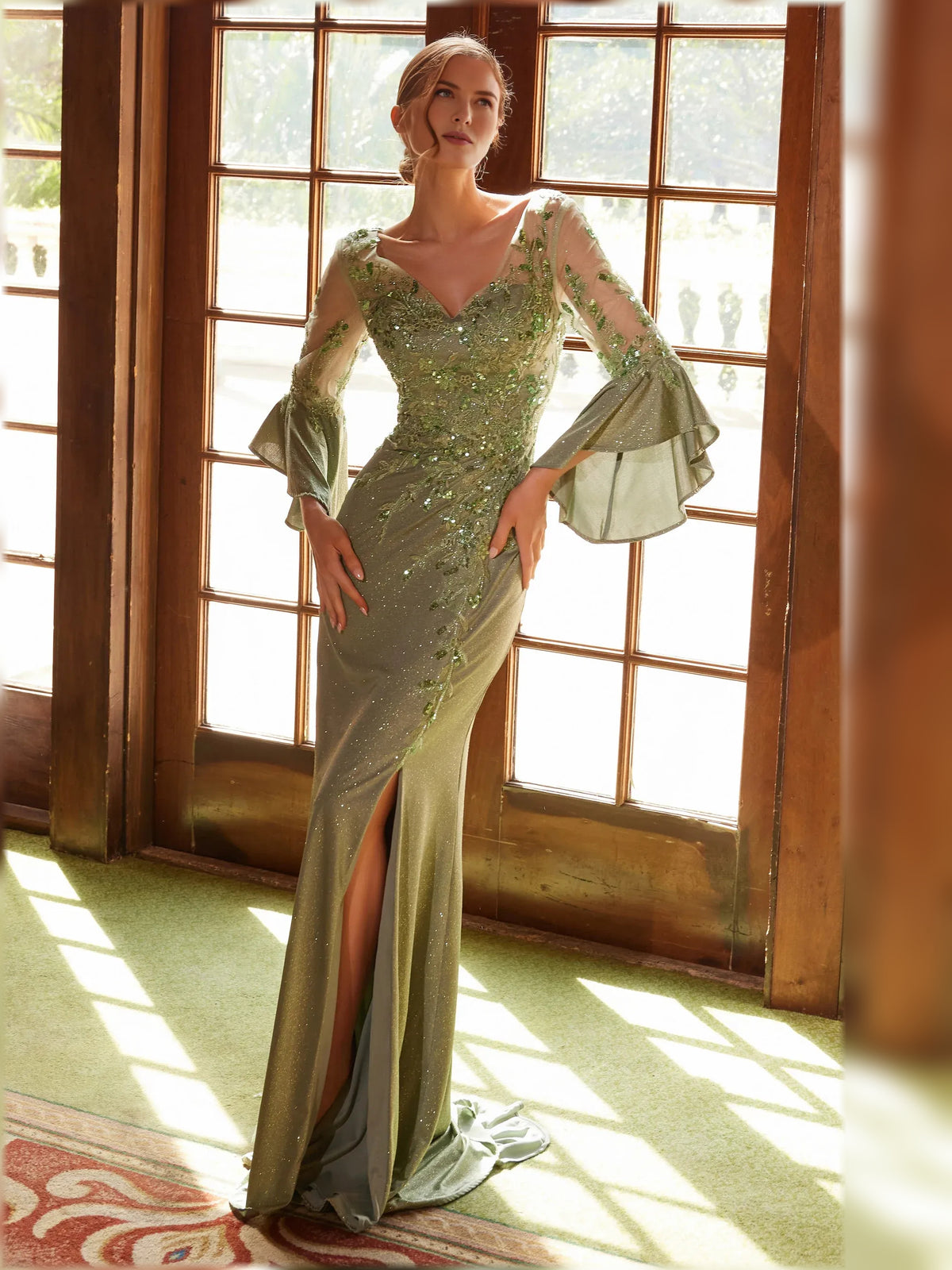 Embroidered Sequin Slit V Neck Sheath Maxi Mother of the Bride Dress for Wedding Dinner